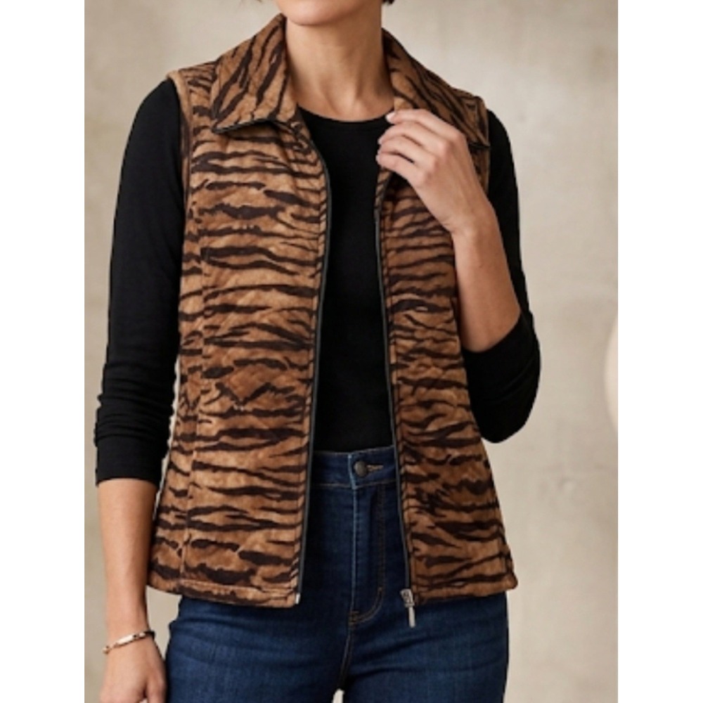 Kate Park Tiger Stripe Print Full-Zip Sleeveless Quilted Vest Women's Size PL